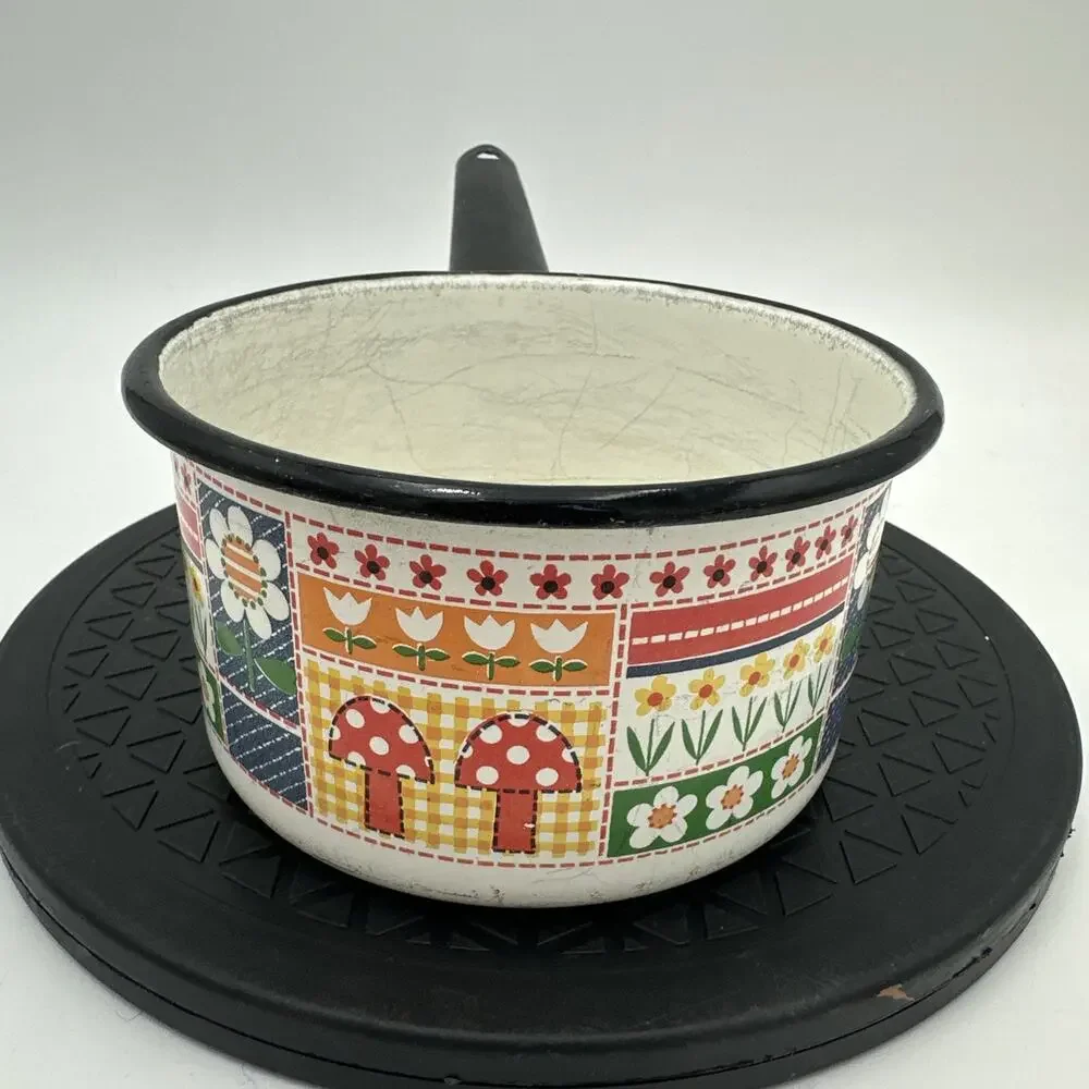Rare Vintage By Savory Mushroom Floral Enamel Metal Pot Set